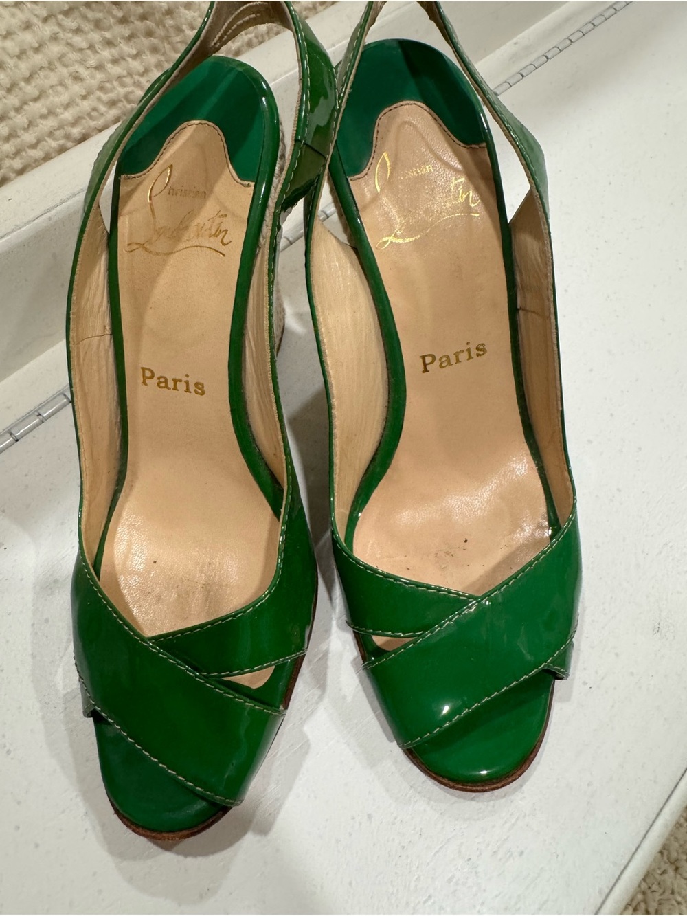 Christian Louboutin Green Patent Peep-Toe Slingback Heels